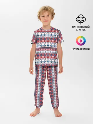 Детская пижама с брюками / Этнический красно-синий узор
