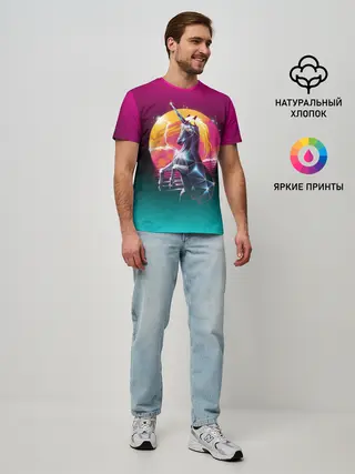 Мужская базовая футболка / РЕТРО ЕДИНОРОГ НЕОН
