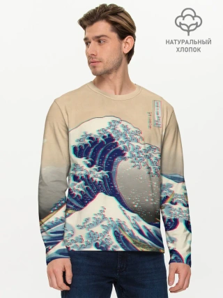 Мужской лонгслив базовый / Kanagawa Wave Glitch Art