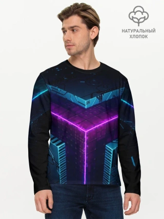 Мужской лонгслив базовый / Неоновые грани 3D