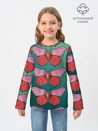 Детский лонгслив / Зеленый принт с бабочками :)