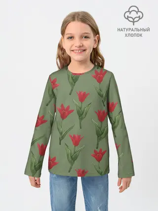 Детский лонгслив / Красные тюльпаны на зеленом