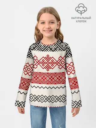 Детский лонгслив / Славянский узор красно-черный