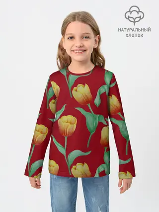 Детский лонгслив / Тюльпаны на красном фоне