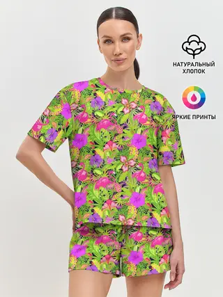 Женская пижама с шортами / Flamingo | Tropical