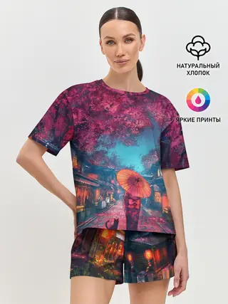 Женская пижама с шортами / Фестиваль сакуры кот и гейша