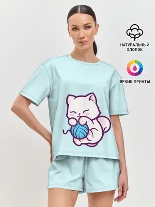 Женская пижама с шортами / Белый котенок с клубком милый