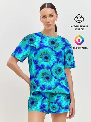 Женская пижама с шортами / Голубые хризантемы
