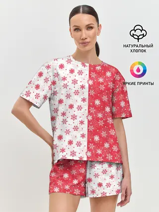 Женская пижама с шортами / Снежинки - новогодние узоры