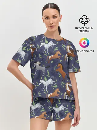 Женская пижама с шортами / Лошадки узор