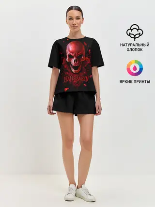 Женская пижама с шортами / Красный череп в кровавых розах