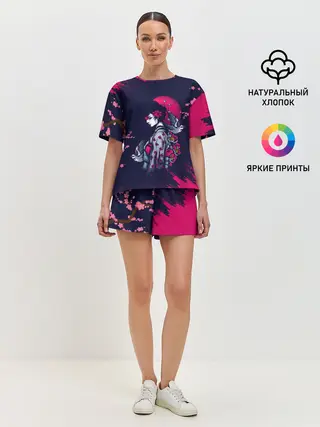 Женская пижама с шортами / ДЕВУШКА В КИМОНО И ПТИЦАМИ