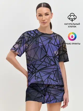 Женская пижама с шортами / Синий-бежевый абстрактный узор