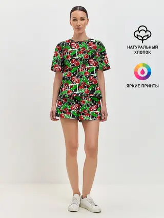 Женская пижама с шортами / Абстрактный узор спелая вишня