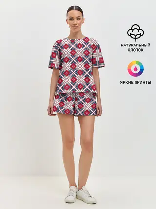 Женская пижама с шортами / Красно-синий плед -клетка
