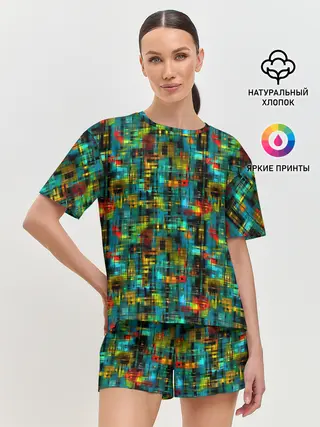 Женская пижама с шортами / Разноцветные штрихи на бирюзе