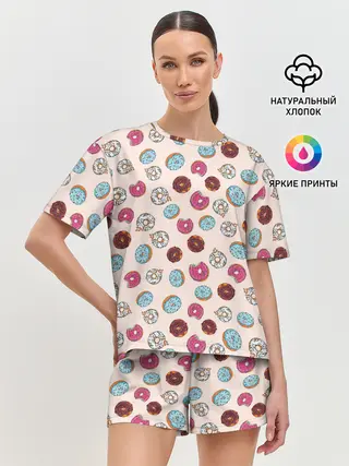 Женская пижама с шортами / Пончики донаты паттерн