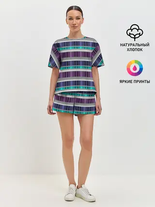 Женская пижама с шортами / Бирюзово-сиреневый полосатый