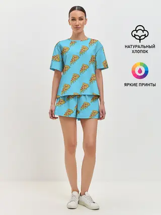 Женская пижама с шортами / Пицца паттерн на голубом