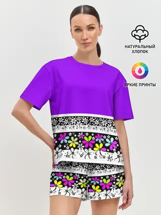 Женская пижама с шортами / Яркий фиолетовый цветочный