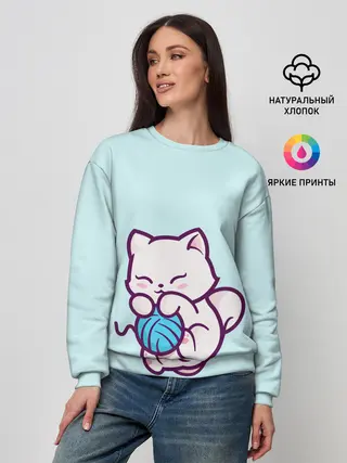 Женский свитшот / Белый котенок с клубком милый