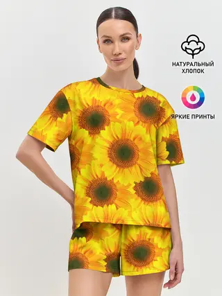 Женская пижама с шортами / Принт подсолнухи желтый