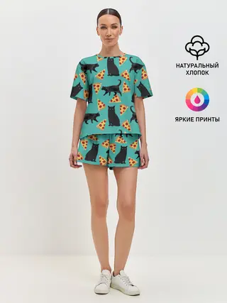 Женская пижама с шортами / Котики и Пиццы