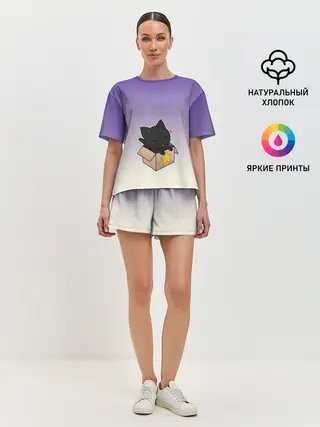 Женская пижама с шортами / черный котенок в коробке