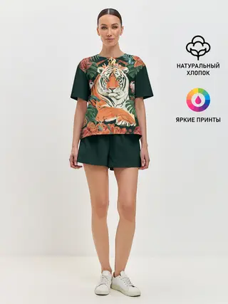 Женская пижама с шортами / Огненный Тигр в Цветах