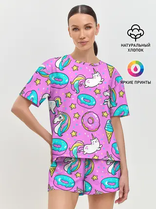 Женская пижама с шортами / Единороги с пончиками