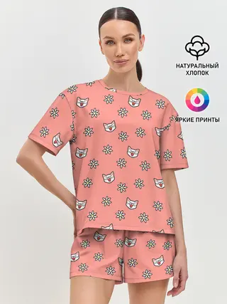 Женская пижама с шортами / Кошки и цветы