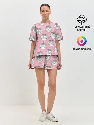 Женская пижама с шортами / Котики с цвточками