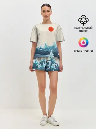 Женская пижама с шортами / Японский Стиль Волны и Солнце