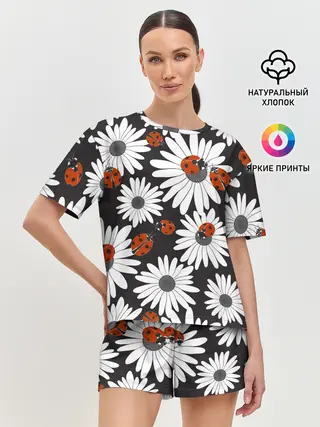 Женская пижама с шортами / Божьи коровки на ромашках