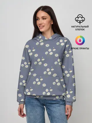 Женское худи / Ромашки на сером паттерн