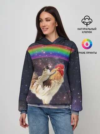 Женское худи / Мопс на курице в космосе