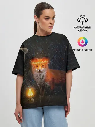 Женская футболка оверсайз / Лиса с огненной короной