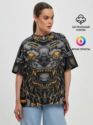 Женская футболка оверсайз / Хищный лев киборг