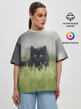 Женская футболка оверсайз / черный кот на лугу