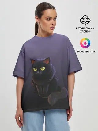 Женская футболка оверсайз / черный кот на фиолетовом