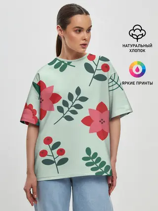 Женская футболка оверсайз / цветы, ягоды, листья