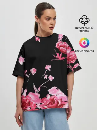 Женская футболка оверсайз / Яркие розы