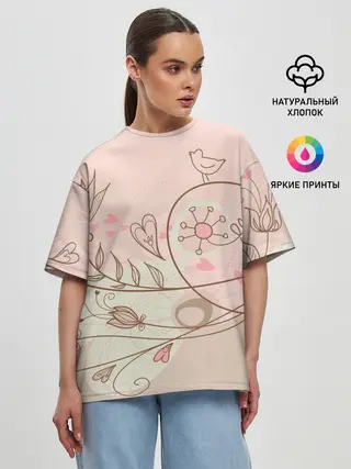 Женская футболка оверсайз / Летний узор цветы птичка