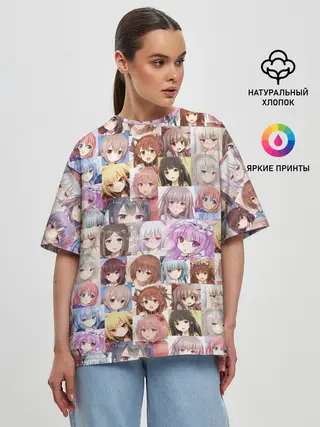 Женская футболка оверсайз / MANY FACES OF ANIME GIRLS monochrome
