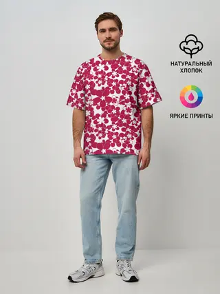 Мужская футболка оверсайз / Бело-красный цветочный