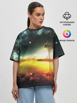 Женская футболка оверсайз / Закат со звездами