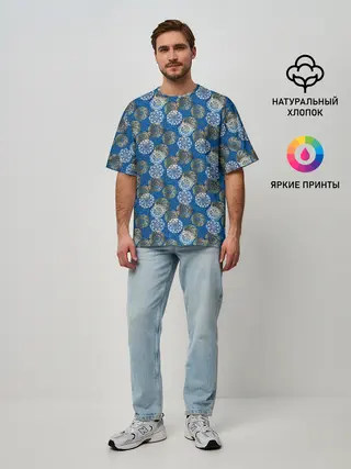Мужская футболка оверсайз / Разноцветные Новогодние Узоры