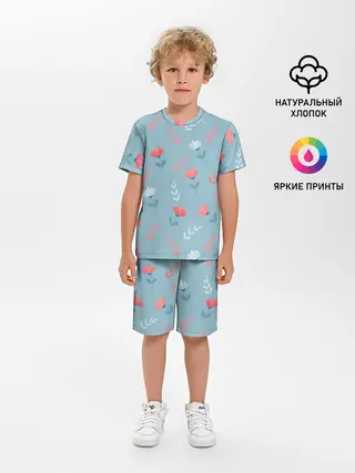 Детская пижама с шортами / Цветочки и листики на голубом