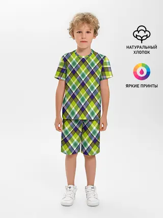 Детская пижама с шортами / Крупный клетчатый косой узор