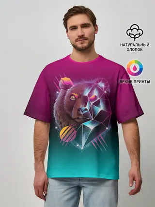 Мужская футболка оверсайз / RETRO CYBER BEAR NEON